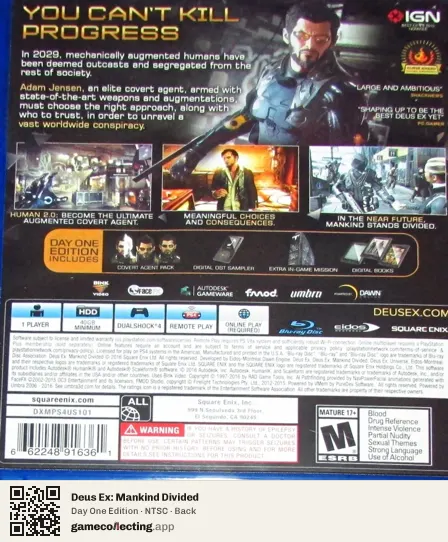 Deus Ex: Mankind Divided PlayStation 4, NTSC box back