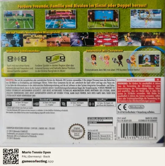 Mario Tennis Open Nintendo 3DS, Germany box back