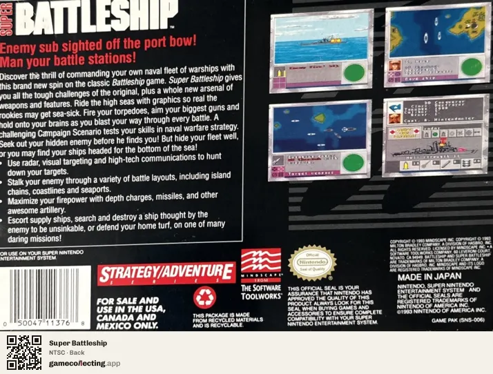 Super Battleship Super Nintendo Entertainment System, NTSC box back