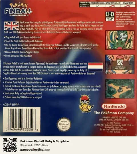 Pokémon Pinball: Ruby & Sapphire Game Boy Advance, NTSC box back