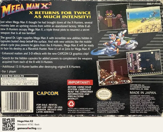Mega Man X2 Super Nintendo Entertainment System, NTSC box back