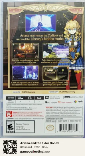 Ariana and the Elder Codex Nintendo Switch, NTSC box back