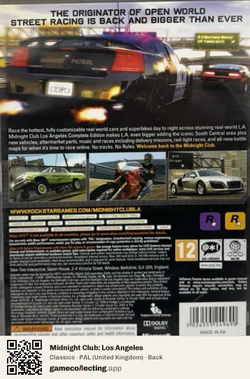 Midnight Club: Los Angeles Xbox 360, United Kingdom box back