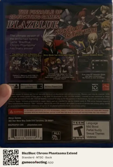 BlazBlue: Chrono Phantasma Extend PlayStation Vita, NTSC box back
