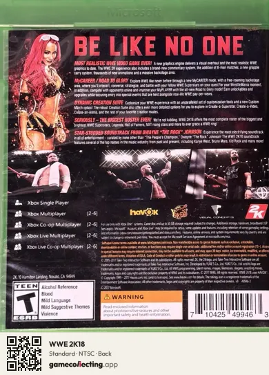 WWE 2K18 Xbox One, NTSC box back