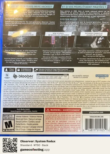 Observer: System Redux PlayStation 5, NTSC box back