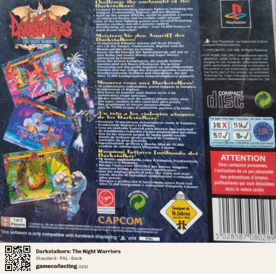 Darkstalkers: The Night Warriors PlayStation, PAL box back