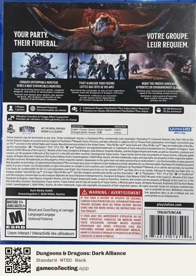Dungeons & Dragons: Dark Alliance PlayStation 5, NTSC box back