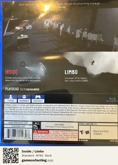 Inside / Limbo PlayStation 4, NTSC box back