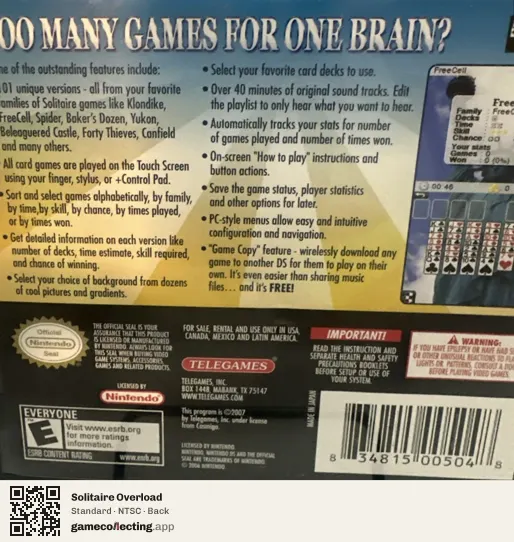 Solitaire Overload Nintendo DS, NTSC box back
