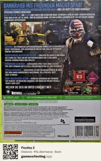Payday 2 Xbox 360, Germany box back