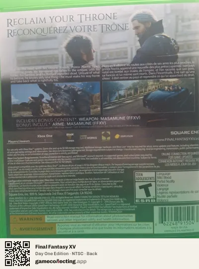 Final Fantasy XV Xbox One, NTSC box back