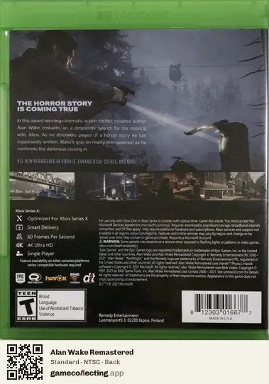 Alan Wake Remastered Xbox Series X, NTSC box back
