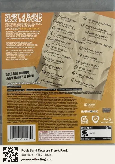 Rock Band Country Track Pack PlayStation 3, NTSC box back