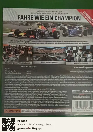F1 2015 Xbox One, Germany box back