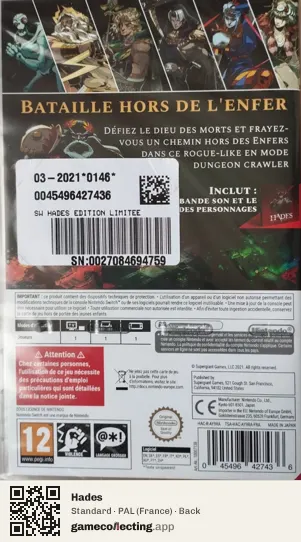 Hades Nintendo Switch, France box back