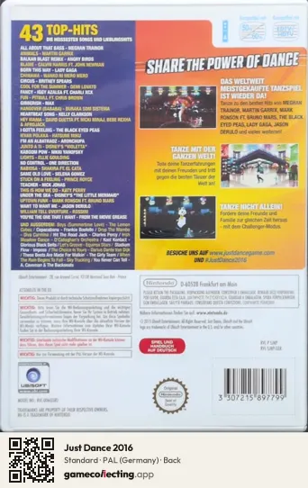 Just Dance 2016 Nintendo Wii, Germany box back