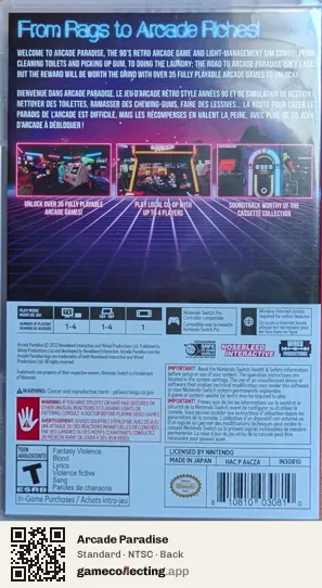 Arcade Paradise Nintendo Switch, NTSC box back