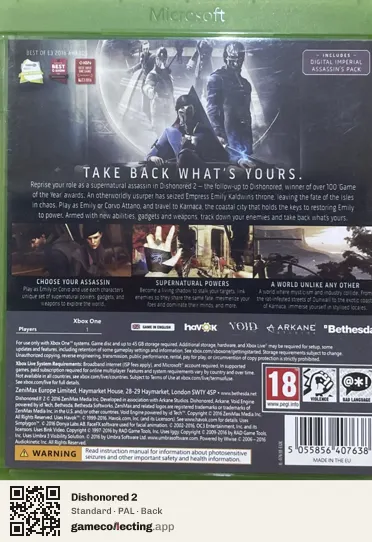 Dishonored 2 Xbox One, PAL box back