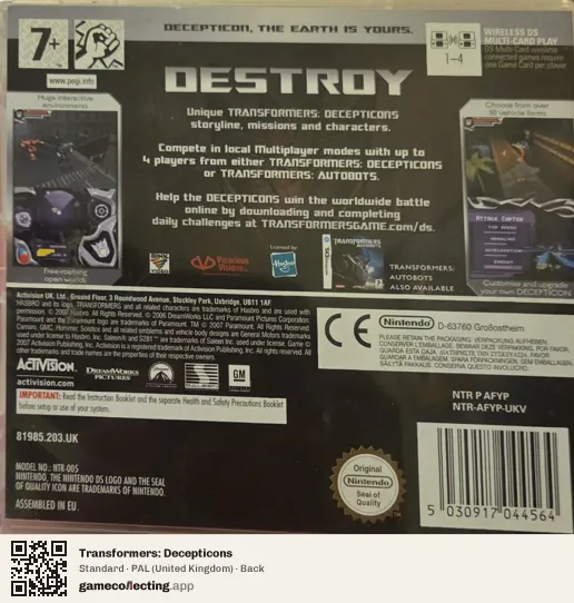 Transformers: Decepticons Nintendo DS, United Kingdom box back
