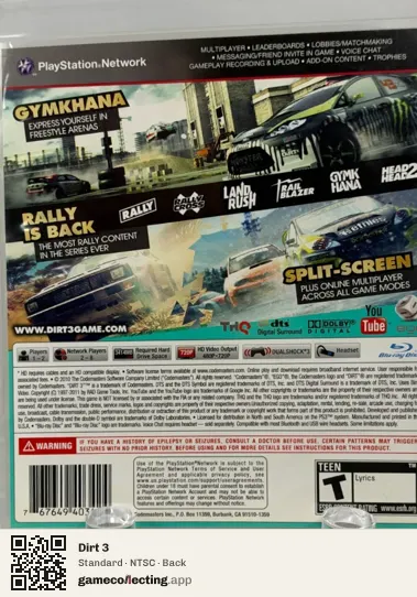 Dirt 3 PlayStation 3, NTSC box back