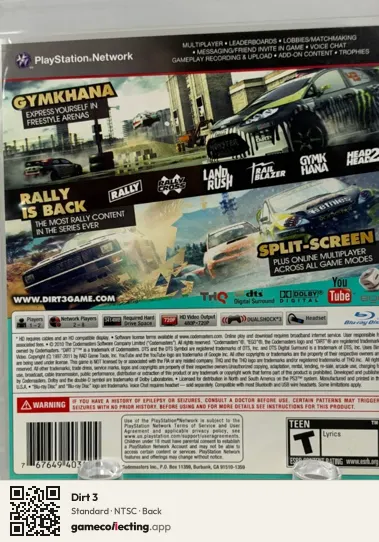 Dirt 3 PlayStation 3, NTSC box back