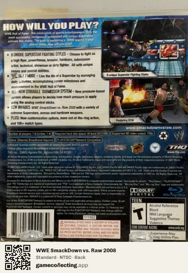 WWE SmackDown vs. Raw 2008 PlayStation 3, NTSC box back