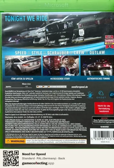 Need for Speed Xbox One, Germany box back