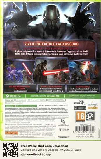 Star Wars: The Force Unleashed Xbox 360, Italy box back