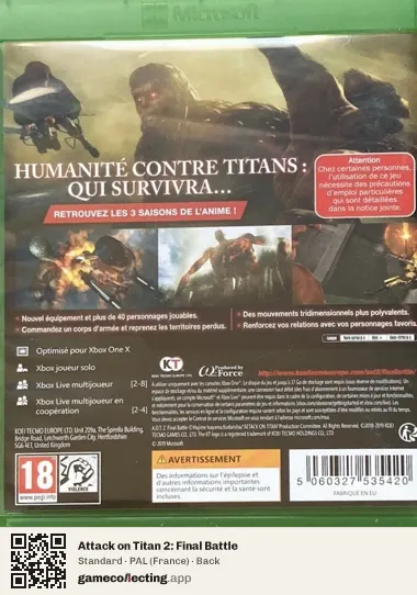 Attack on Titan 2: Final Battle Xbox One, France box back