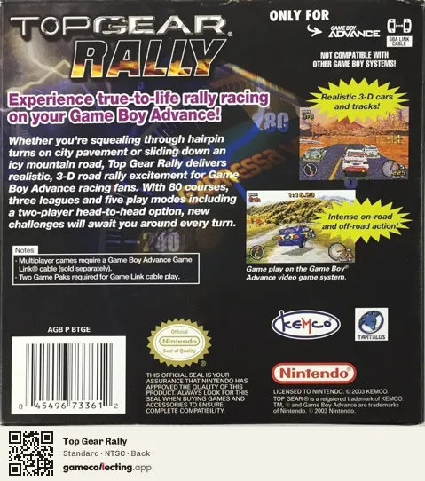 Top Gear Rally Game Boy Advance, NTSC box back