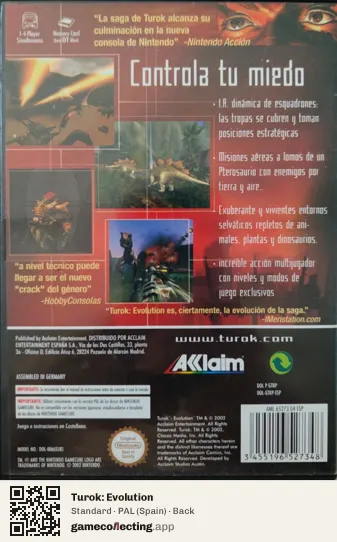 Turok: Evolution Nintendo GameCube, Spain box back