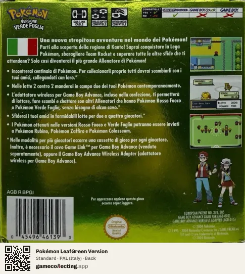 Pokémon LeafGreen Version Game Boy Advance, Italy box back