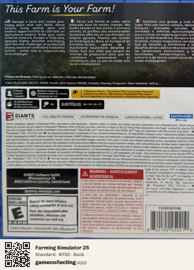 Farming Simulator 25 PlayStation 5, NTSC box back