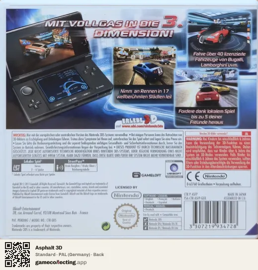 Asphalt 3D Nintendo 3DS, Germany box back