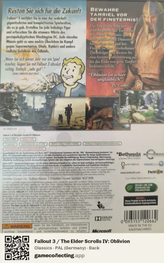 Fallout 3 / The Elder Scrolls IV: Oblivion Xbox 360, Germany box back
