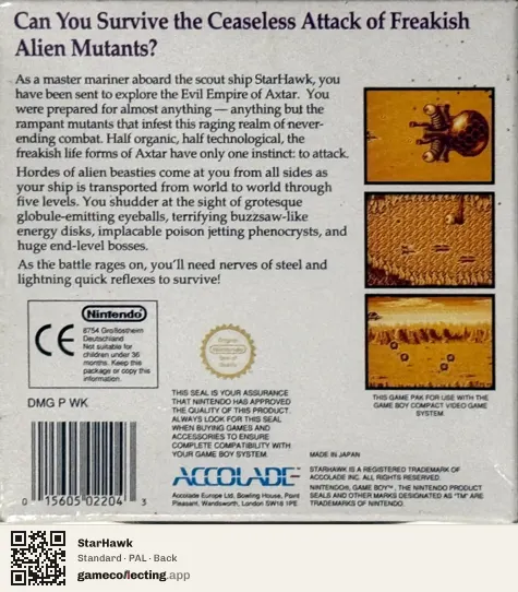 StarHawk Game Boy, PAL box back