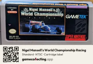 Nigel Mansell's World Championship Racing Super Nintendo Entertainment System, NTSC cartridge label