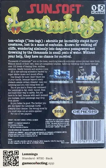 Lemmings Sega Mega Drive / Genesis, NTSC box back