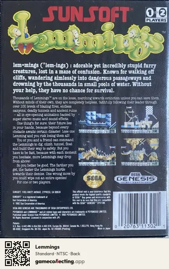 Lemmings Sega Mega Drive / Genesis, NTSC box back