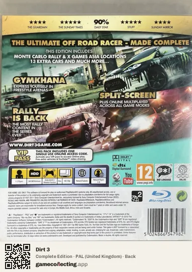 Dirt 3 PlayStation 3, United Kingdom box back