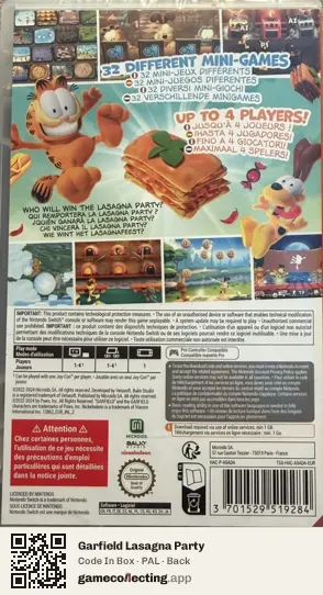 Garfield Lasagna Party Nintendo Switch, PAL box back
