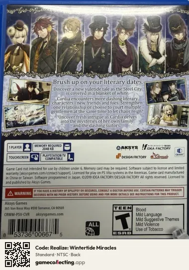 Code: Realize: Wintertide Miracles PlayStation Vita, NTSC box back