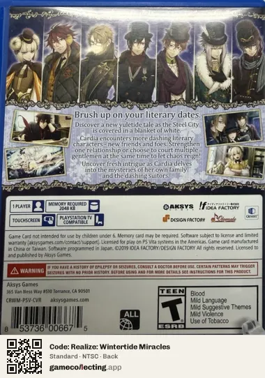 Code: Realize: Wintertide Miracles PlayStation Vita, NTSC box back