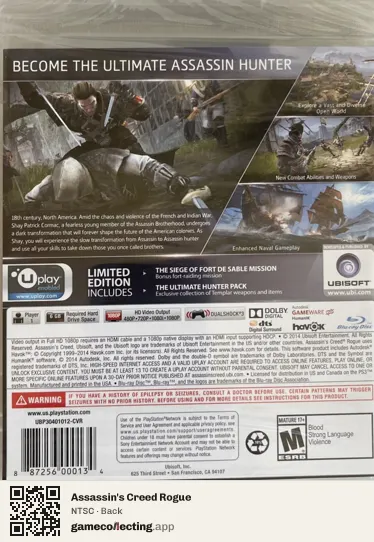 Assassin's Creed Rogue PlayStation 3, NTSC box back