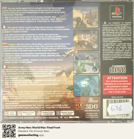 Army Men: World War: Final Front PlayStation, France box back