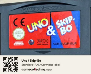 Uno / Skip-Bo Game Boy Advance, PAL cartridge label