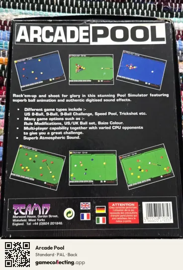 Arcade Pool Amiga CD32, PAL box back