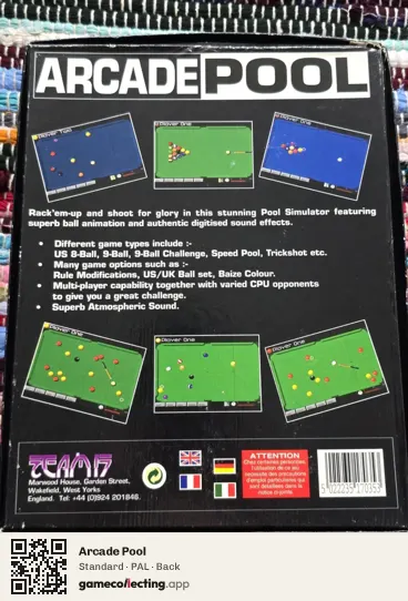 Arcade Pool Amiga CD32, PAL box back