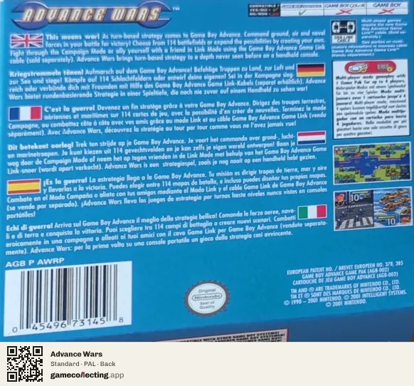 Advance Wars Game Boy Advance, PAL box back